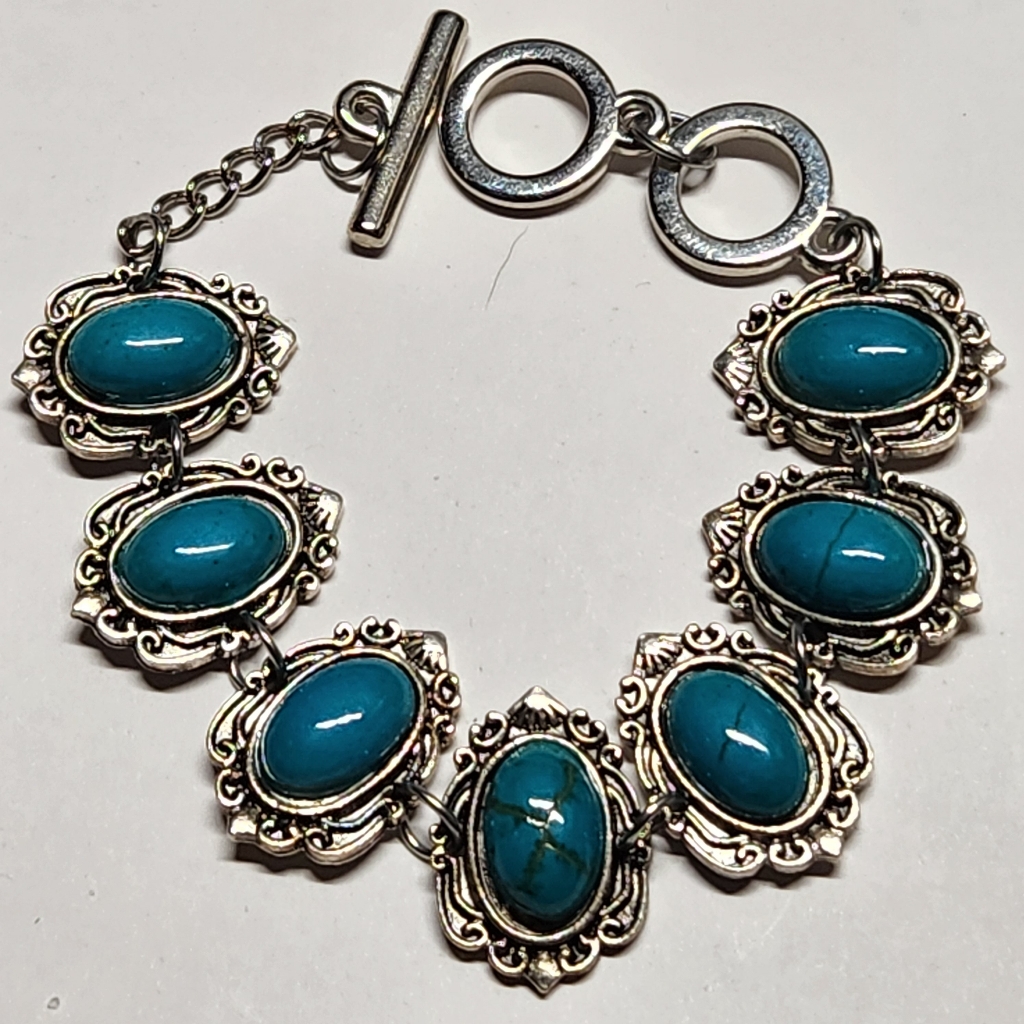 Boho Chic Faux Turquoise Silver Ornate Link Bracelet